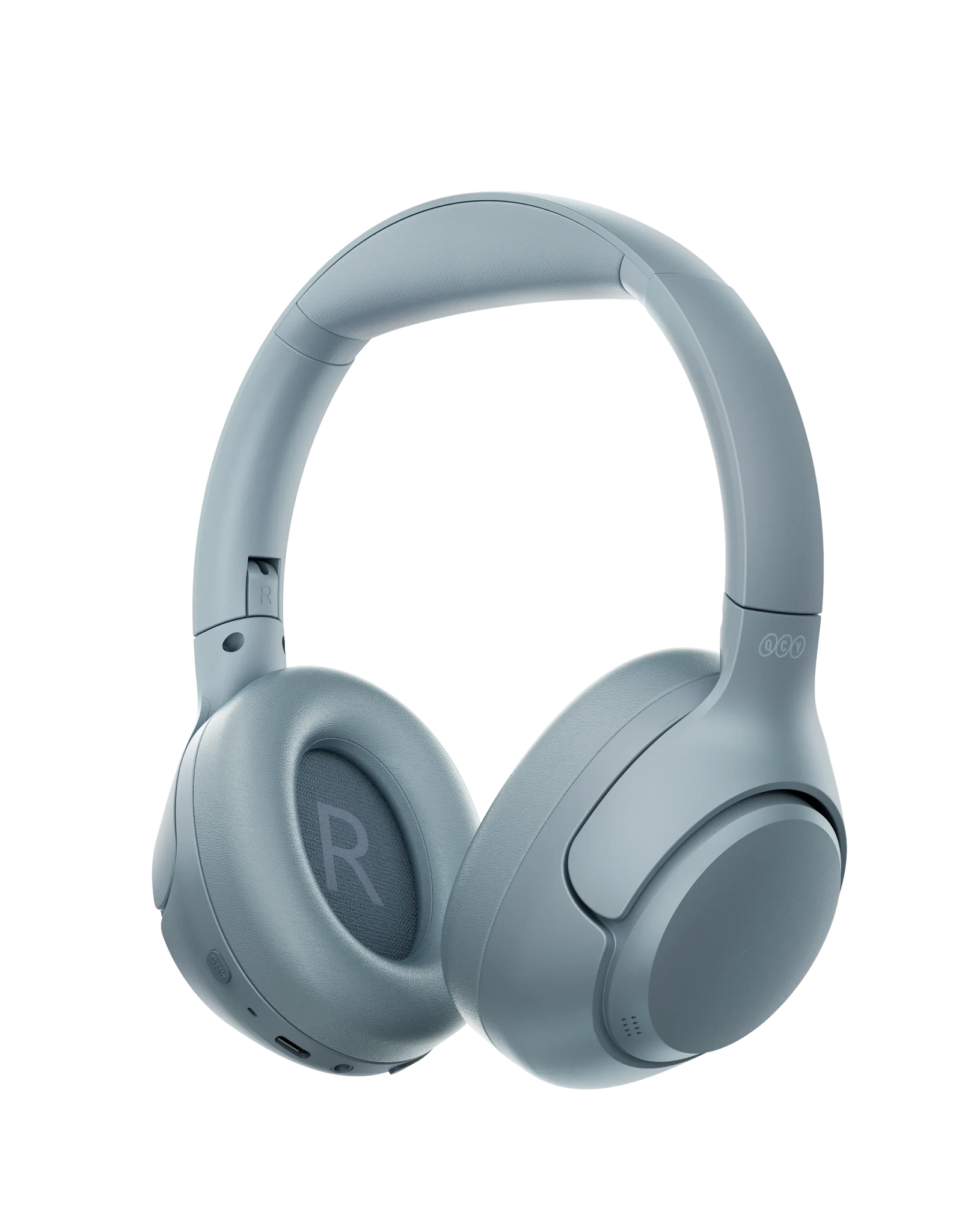 Blue-gray QCY H3 over-ear wireless headphones, front-right angled view with R logo on right earcup, Hi-Res Audio certified.