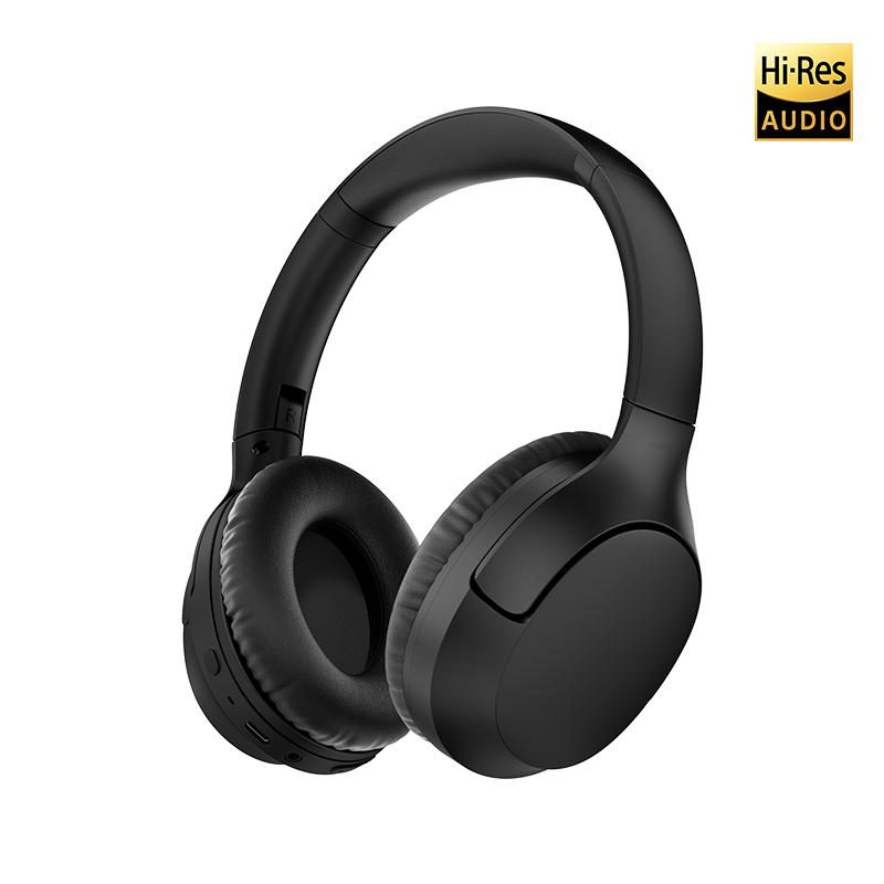 Black QCY H2 Pro over-ear wireless headphones, front-right angled view with R logo on right earcup and Hi-Res Audio badge.