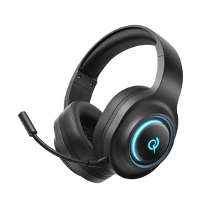 Black QCY Heroad V200 gaming over-ear headphones, 45-degree right side view with protruding detachable mic and blue RGB lighting on earcup.