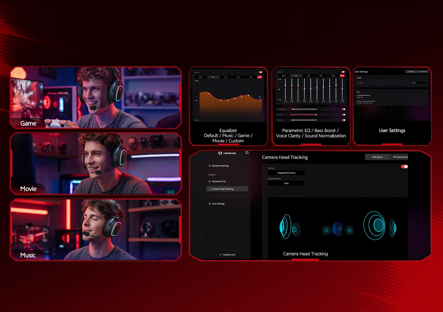 HEROAD gaming headset software interface showing Game, Movie, Music modes with EQ, head tracking & user settings.
