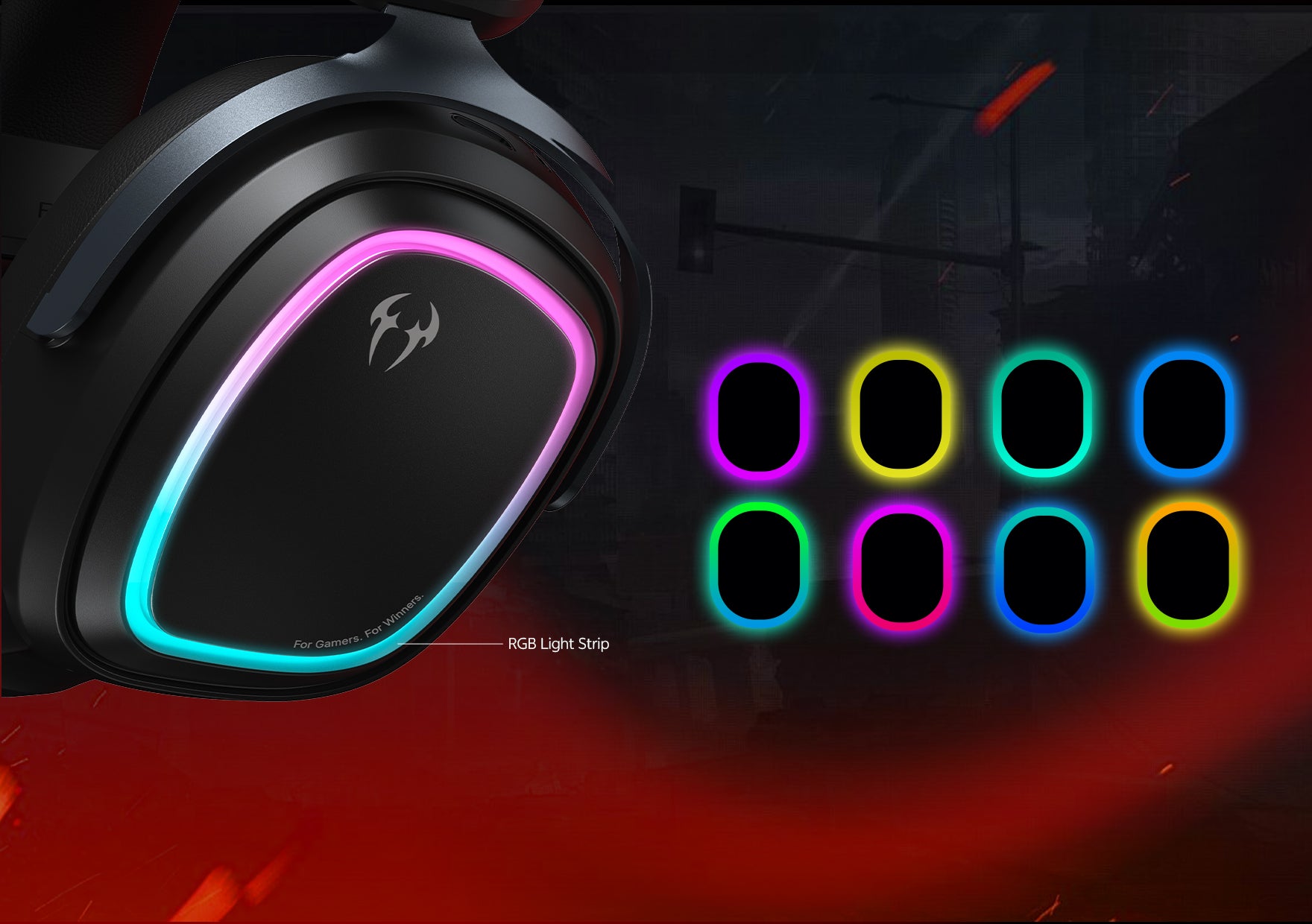 Gaming headset with RGB light strip showing 8 color options. Black over-ear headphones for gamers with LED lighting effects.