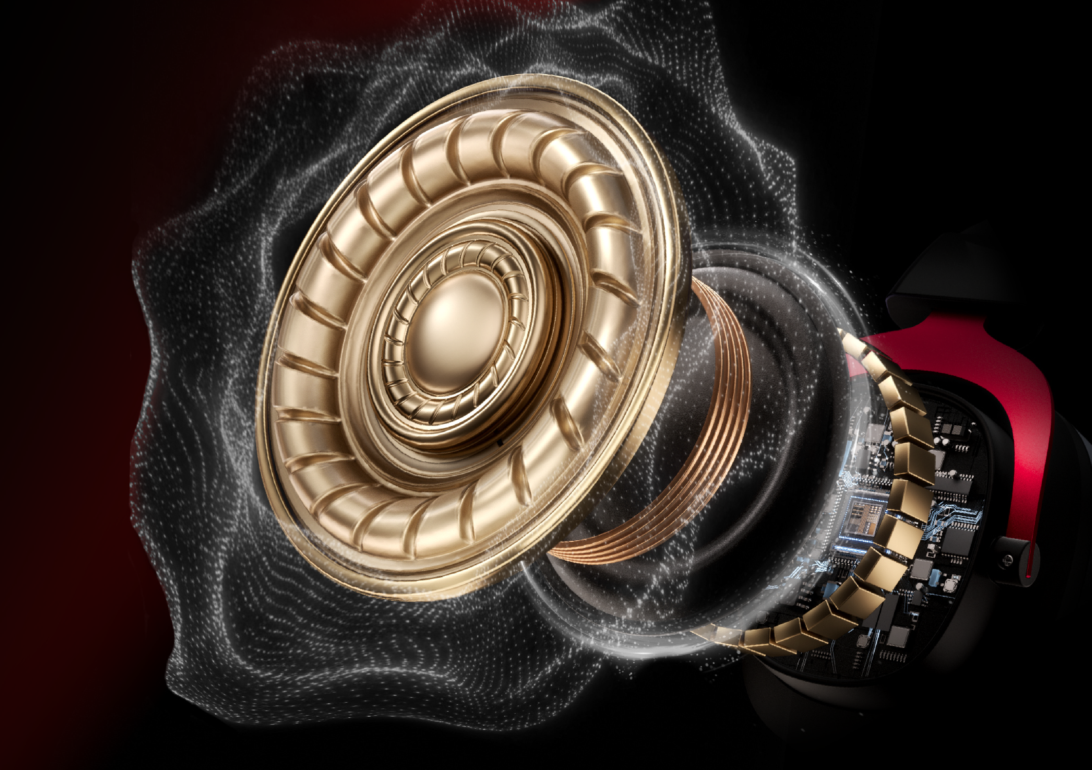 Premium gold-tone speaker driver with advanced audio technology and sleek design, showcasing high-performance sound component