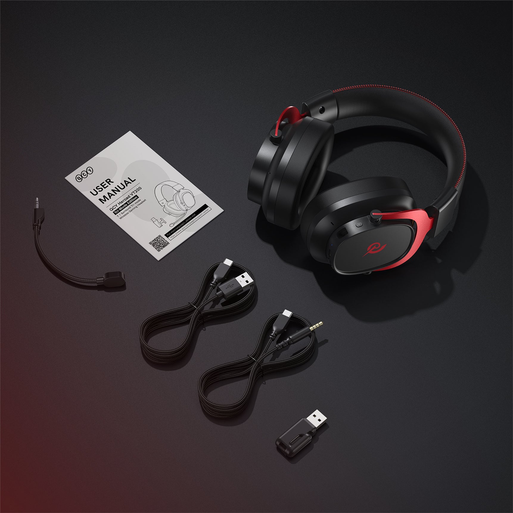 QCY H200 Wireless Gaming Headset with RGB Lights, Detachable Mic, USB-C & 3.5mm Cables for PC/PS5/Switch - Black/Red