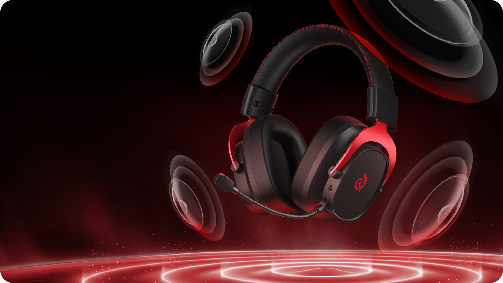 Red and black gaming headset with microphone, floating amidst red sound waves on a dark background.