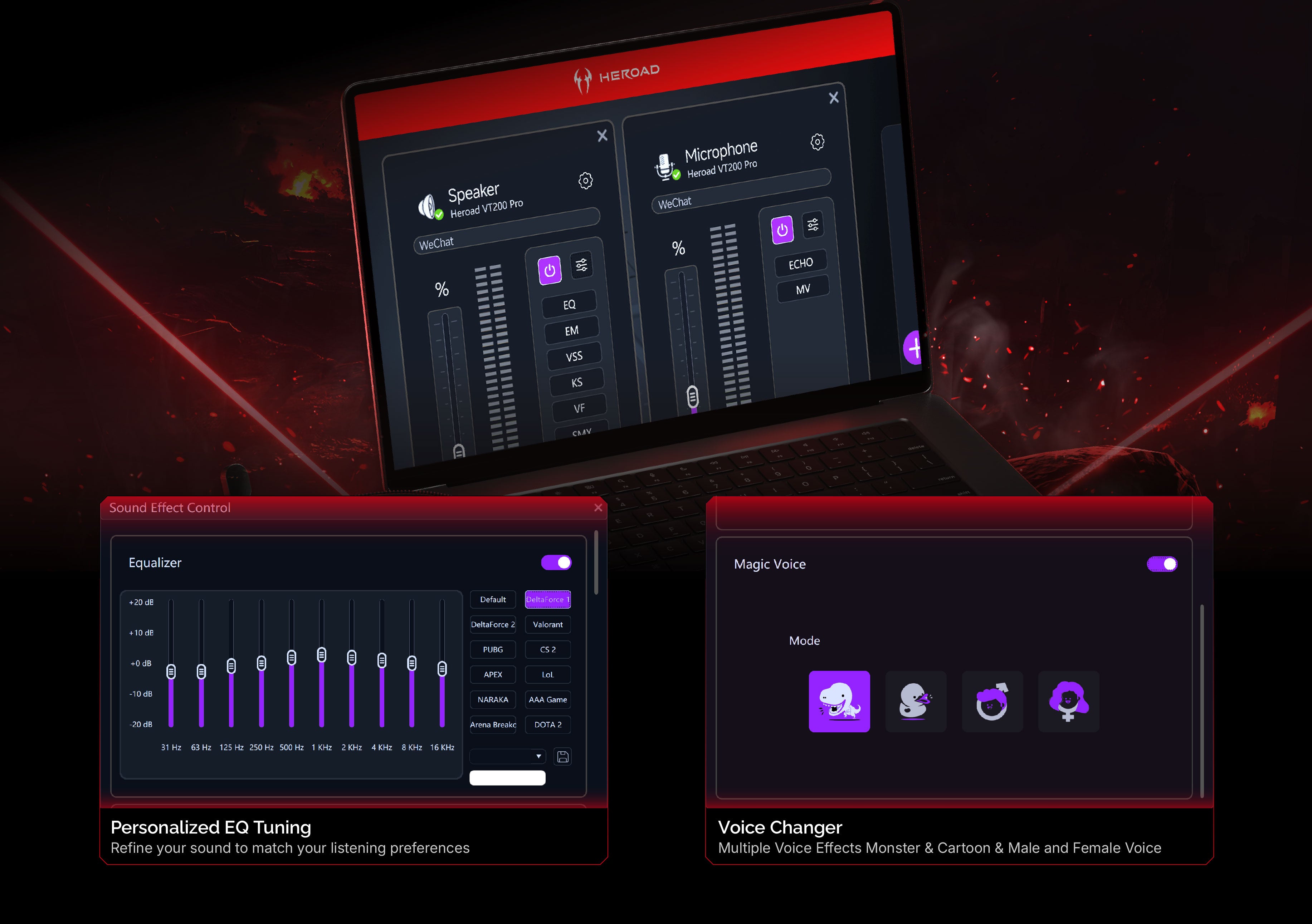 HEROAD gaming audio software interface showing EQ tuning and voice changer effects on laptop screen with red accents.