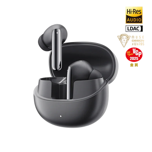 QCY MeloBuds Pro black wireless earbuds with one earbud in the open charging case and the other floating above, featuring Hi-Res Audio, LDAC, MUSE Design Award, and VGP 2025 Gold Award badges