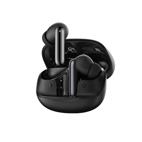 QCY Melobuds N50 wireless earbuds with charging case showing active noise cancellation
