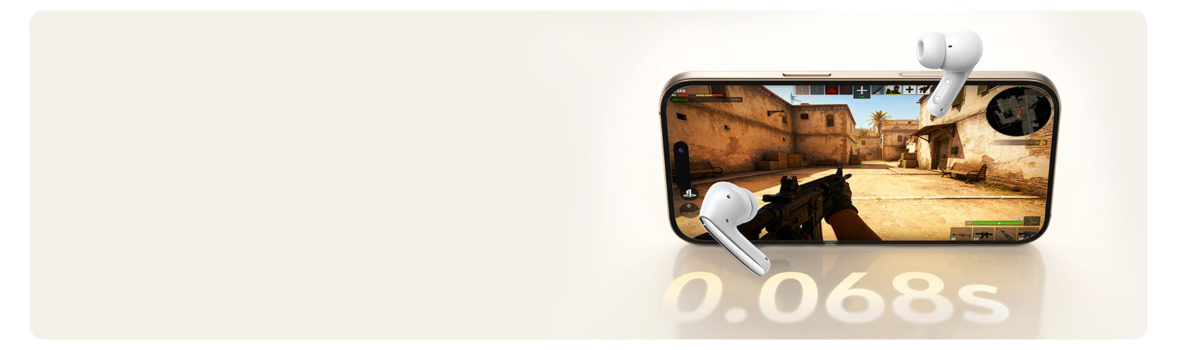 White wireless gaming earbuds with low 0.068s latency for mobile FPS games like PUBG on smartphone.