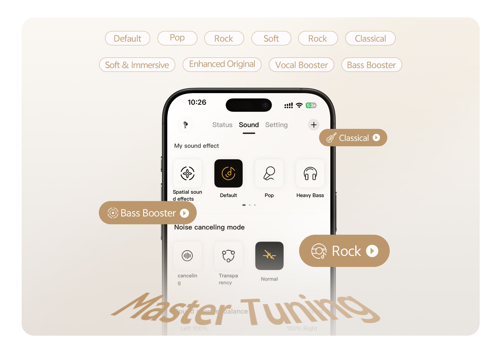 Master Tuning sound effect settings on smartphone app with customizable audio modes like Classical, Rock, and Bass Booster.