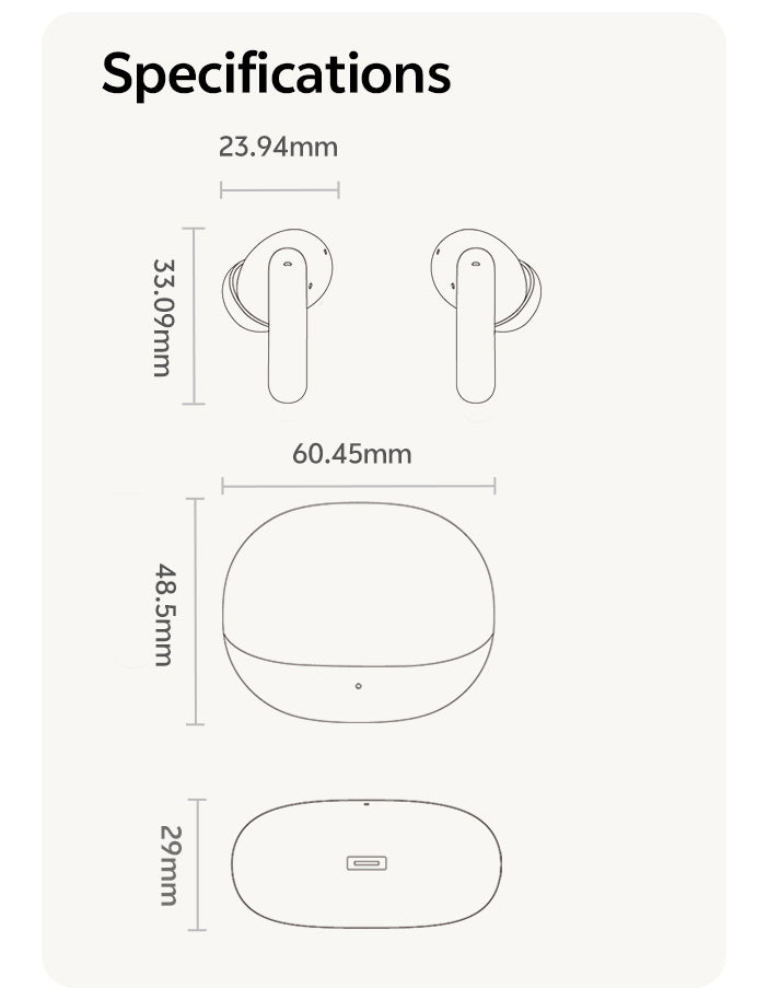 Wireless earbuds and charging case specifications: earbud dimensions 23.94mm x 33.09mm, case size 60.45mm x 48.5mm x 29mm.