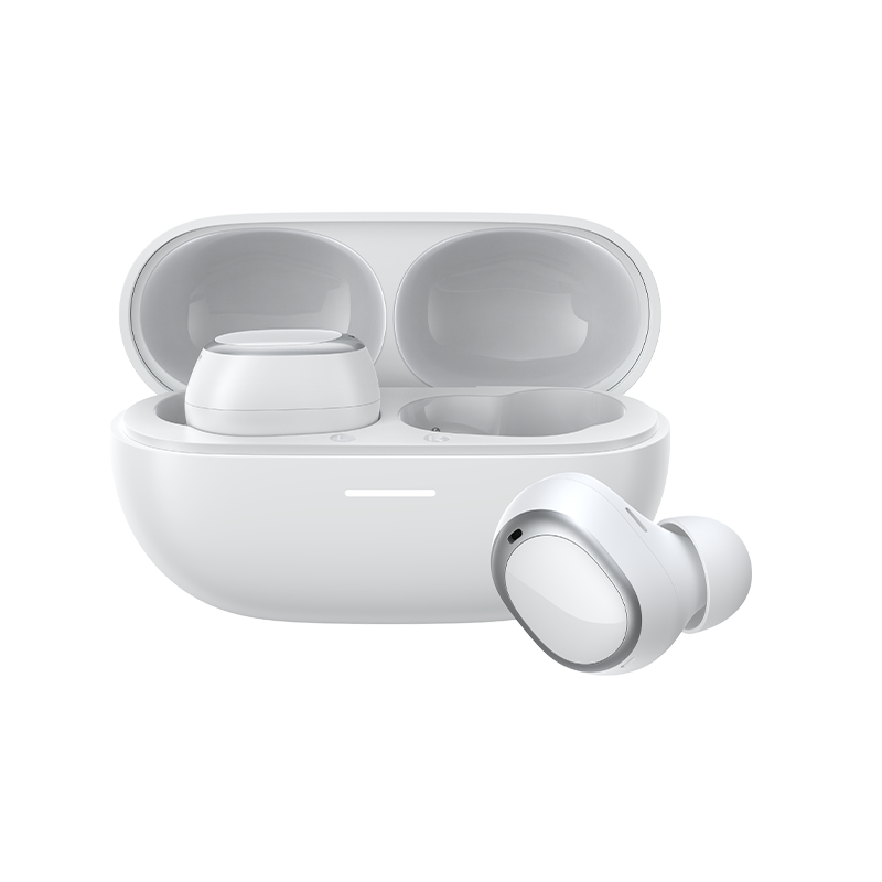 MeloBuds A30 wireless earbuds in sleek white charging case, showcasing modern design and compact fit.