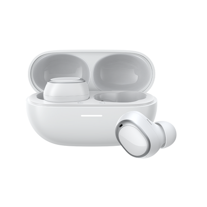 MeloBuds A30 wireless earbuds in sleek white charging case, showcasing modern design and compact fit.