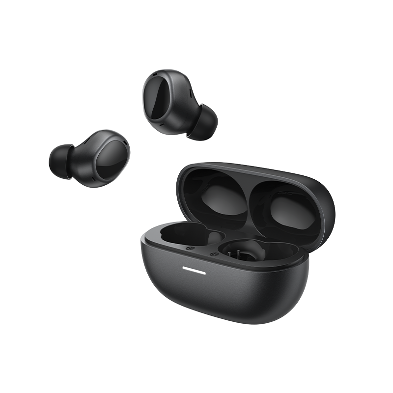 MeloBuds A30 wireless earbuds in sleek black, shown with open charging case and LED indicator.