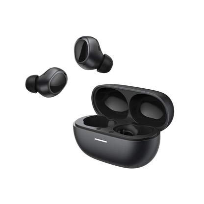 MeloBuds A30 wireless earbuds in sleek black, shown with open charging case and LED indicator.