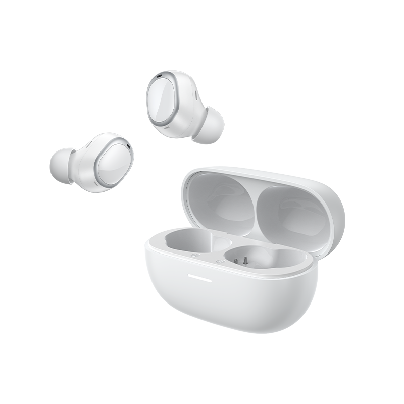 MeloBuds A30 wireless earbuds in sleek white design, shown with open charging case for easy access and portability.