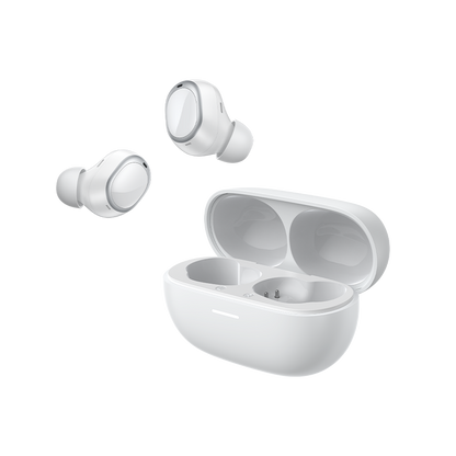 MeloBuds A30 wireless earbuds in sleek white design, shown with open charging case for easy access and portability.
