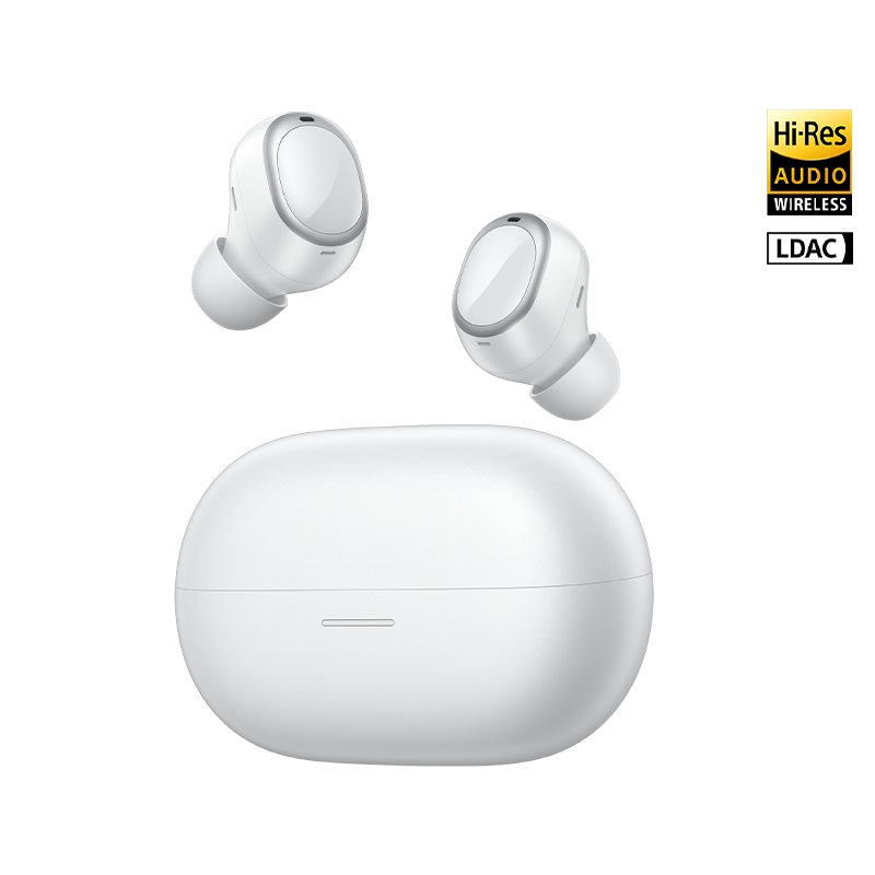 MeloBuds A30 wireless earbuds with Hi-Res Audio, LDAC, sleek white design and charging case.