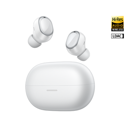 MeloBuds A30 wireless earbuds with Hi-Res Audio, LDAC, sleek white design and charging case.