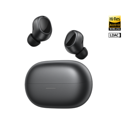 MeloBuds A30 wireless earbuds with Hi-Res Audio, LDAC, sleek black design, and compact charging case.