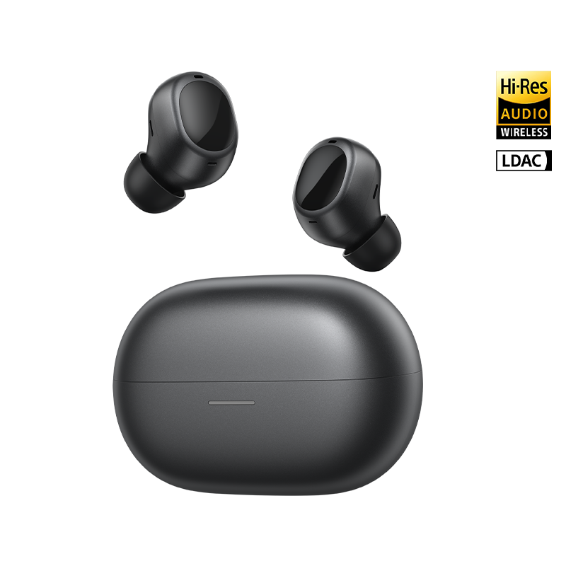 MeloBuds A30 wireless earbuds with Hi-Res Audio, LDAC, sleek black design, and compact charging case.