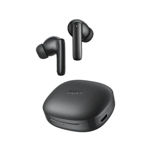 Black wireless earbuds with charging case, sleek design for iOS and Android