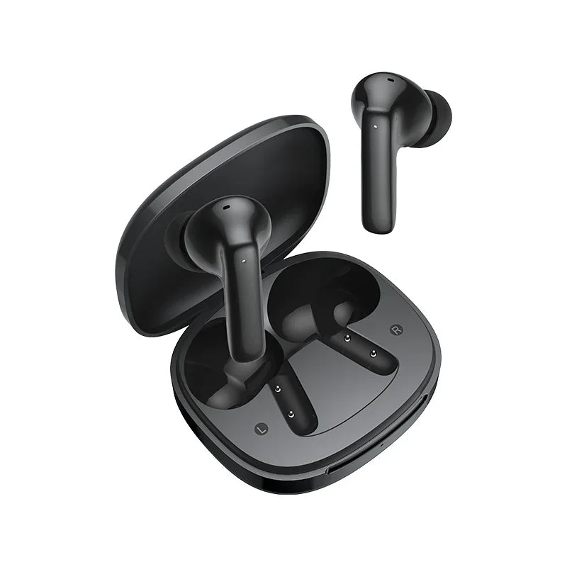 Black wireless earbuds with charging case, sleek design for Bluetooth audio on iOS and Android