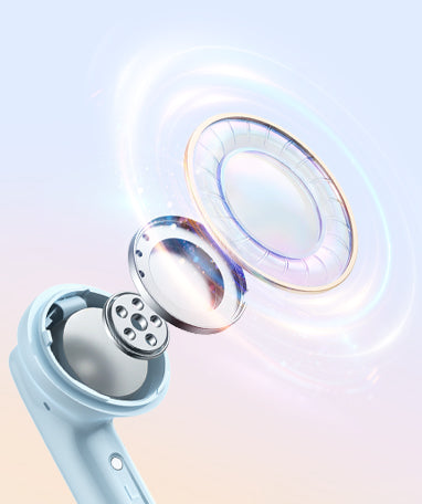 Light blue electric facial cleansing brush with rotating silicone heads and waterproof design for deep pore cleaning.