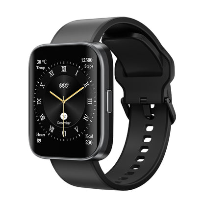 Black QCY Urban GS Smart Watch displaying time, date, and health metrics on a sleek screen with a modern design