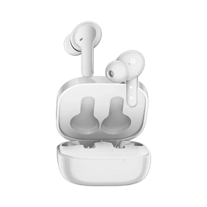 QCY T13 white true wireless earbuds floating above the open charging case on a light background