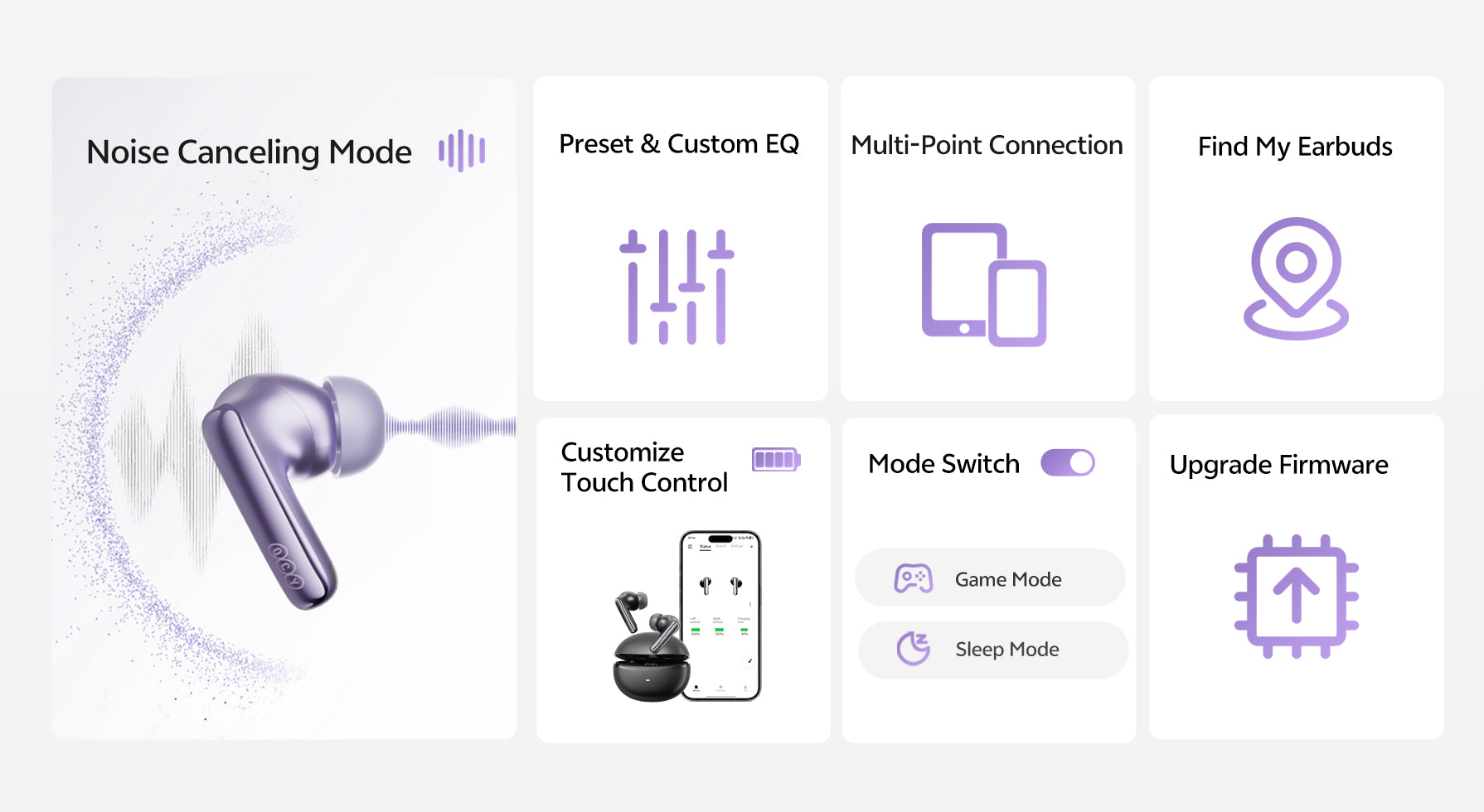 Purple wireless earbuds with noise canceling, EQ, multi-point connection, touch control, and firmware upgrade features.
