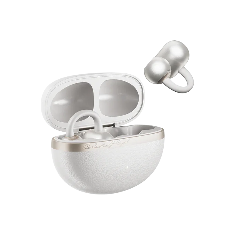 QCY Crossky C50 white open‑ear clip earbuds with the charging case open, one earbud in the case and the other floating above