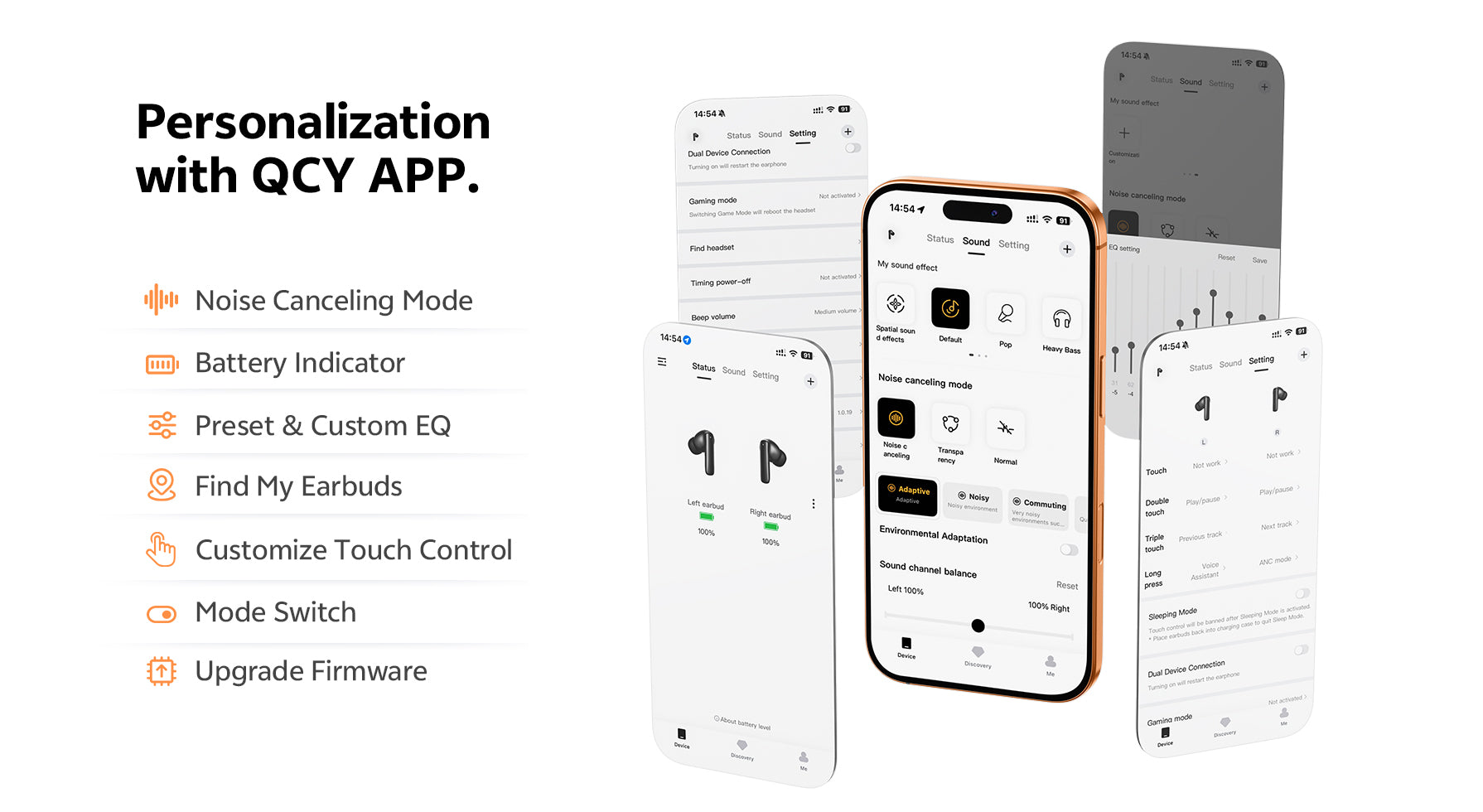 QCY App personalization features: noise canceling, battery indicator, custom EQ, find earbuds, touch control, mode switch, fi
