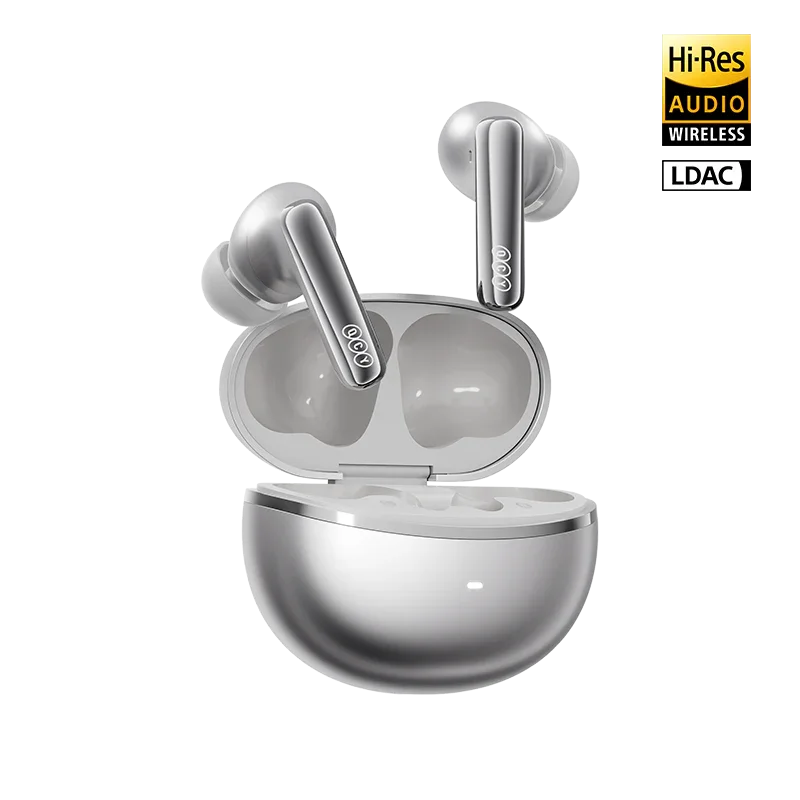 QCY MeloBuds N70 Titanium: Charging case lid open with LDAC Hi-Res and 56dB adaptive ANC