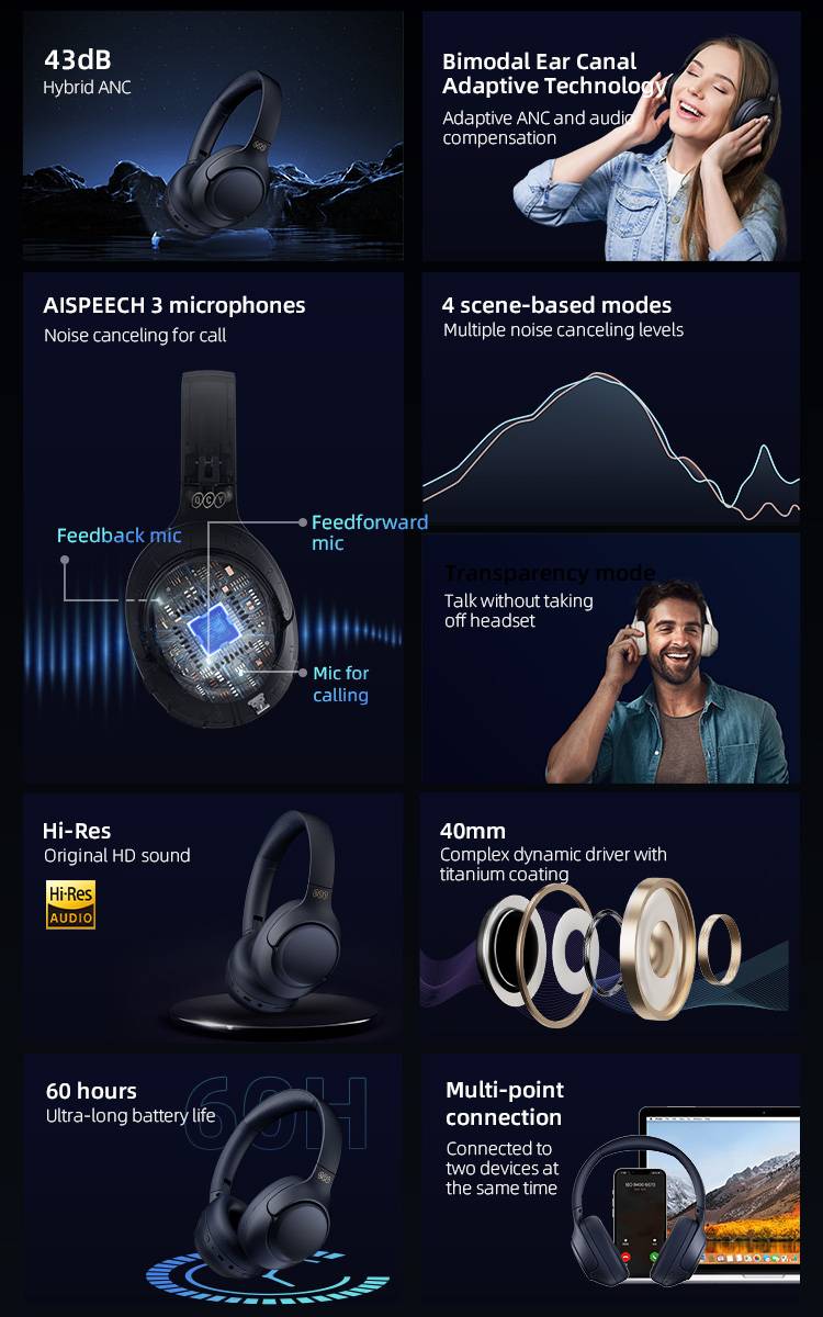 QCY - 🌵43dB hybrid-feed ANC 🔥Bimodal ear canal adaptive technoloy 🍀3-mic  Very Deep Convolutional Neural Networks(VDCNN) 🐳4 scene-based noise  canceling modes 🤩60-hour battery life 🎍Multi-point connection - Connected  to two devices at