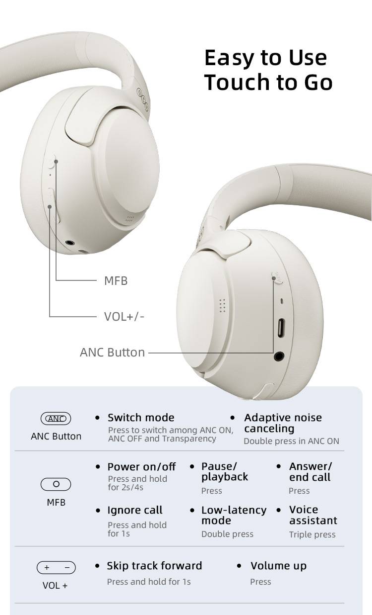 QCY H3 ANC Wireless Headphones 43dB Active Noise Cancellation Headset  Wired/Wireless Bluetooth 5.4 Hi-Res Audio Earphones 60Hrs